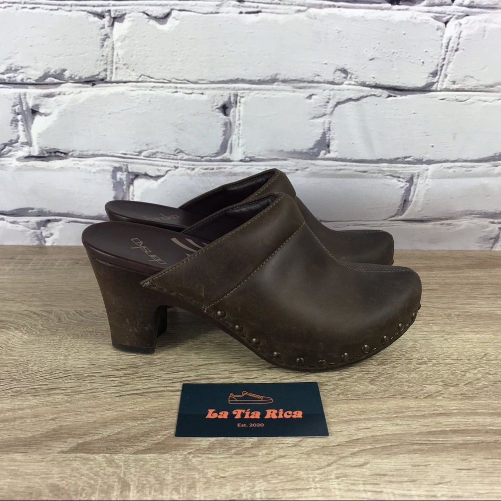 Dansko Rae Brown Leather Heeled Clogs